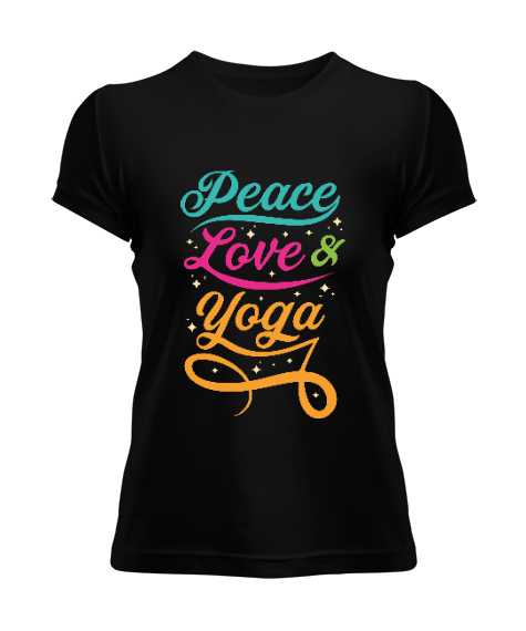Tisho - Peace Love Yoga Baskılı Siyah Kadın Tişört
