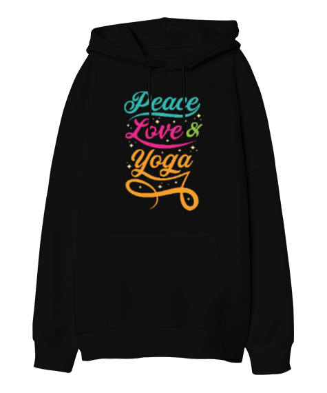 Tisho - Peace Love Yoga Baskılı Siyah Oversize Unisex Kapüşonlu Sweatshirt