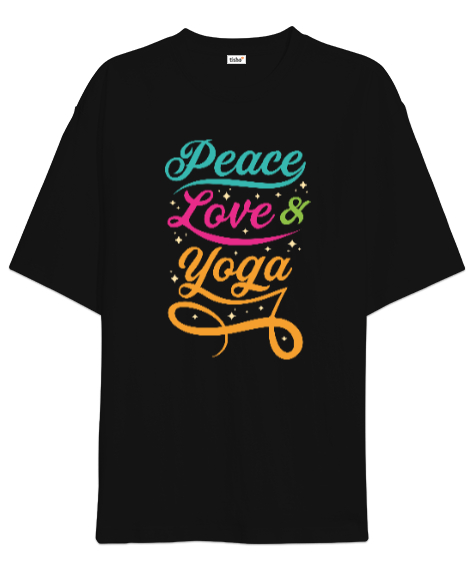 Tisho - Peace Love Yoga Baskılı Siyah Oversize Unisex Tişört
