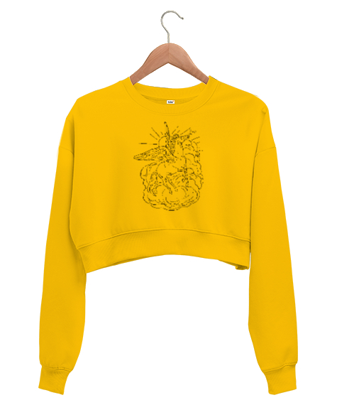 Tisho - Pegasus - Kanatlı At Sarı Kadın Crop Sweatshirt