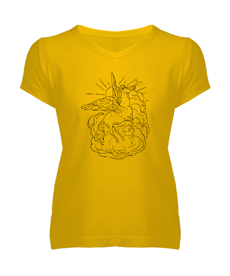 Tisho - Pegasus - Kanatlı At Sarı Kadın V Yaka Tişört