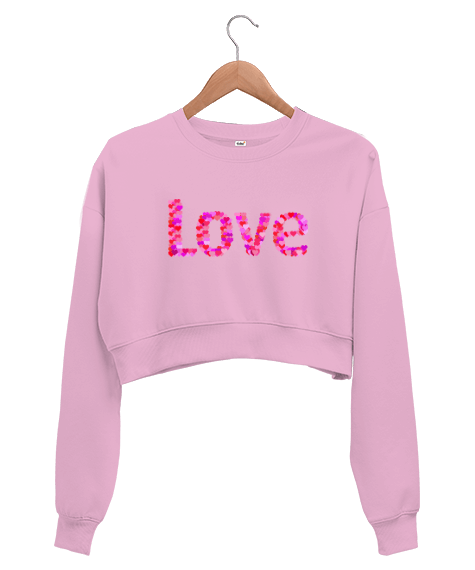 Tisho - pembe crop love yazısı baskılı sweatshirt Kadın Crop Sweatshirt
