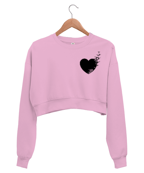 Tisho - Pembe kalp baskili kadin crop sweatshirt Kadın Crop Sweatshirt