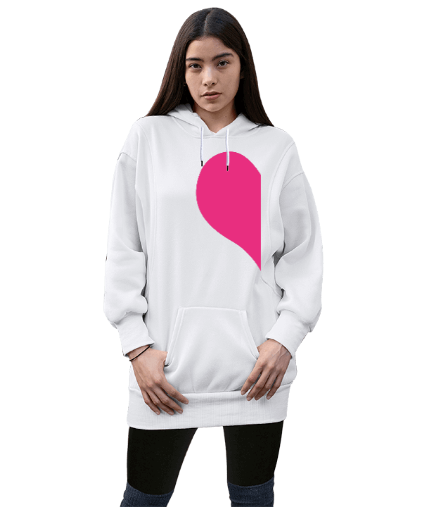Tisho - pembe kalp tasarımlı Kadın Uzun Hoodie Kapüşonlu Sweatshirt