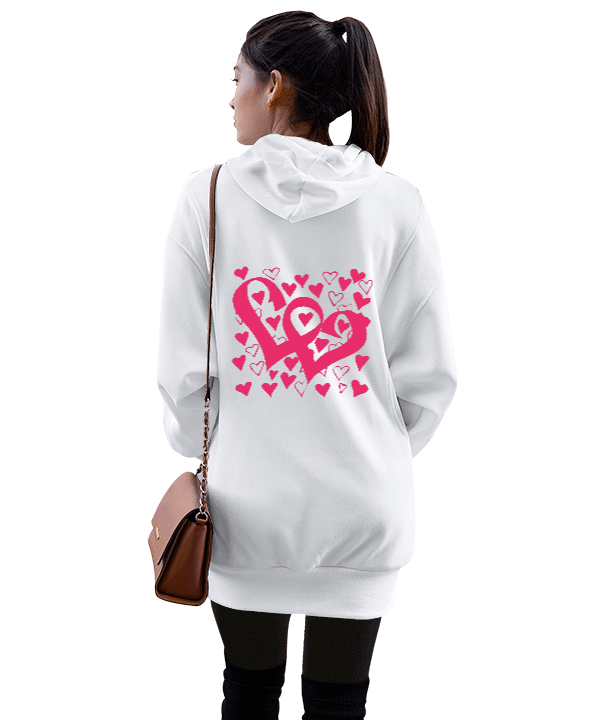 pembe kalp tasarımlı Kadın Uzun Hoodie Kapüşonlu Sweatshirt