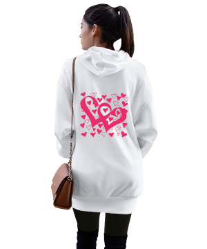 pembe kalp tasarımlı Kadın Uzun Hoodie Kapüşonlu Sweatshirt - Thumbnail