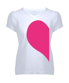 pembe kalp yarısı tasarımlı Kadın V Yaka Tişört - Tisho