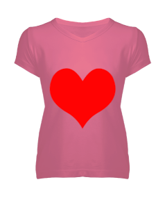 Pembe Kırmızı Kalp Tasarımlı Kadın V Yaka Tişört - Tisho