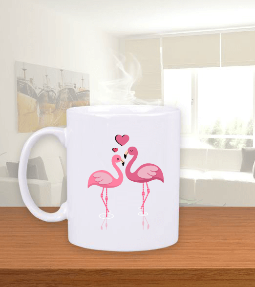 Tisho - pembe, kuş, flamingo, kalpli, beyaz Beyaz Kupa Bardak