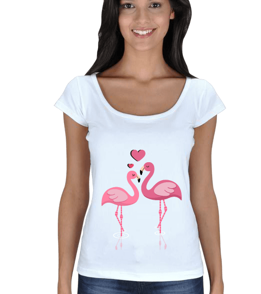Tisho - pembe, kuş, flamingo, kalpli kadın Kadın Açık Yaka
