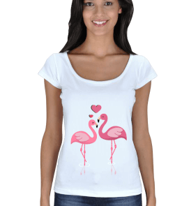 pembe, kuş, flamingo, kalpli kadın Kadın Açık Yaka - Tisho