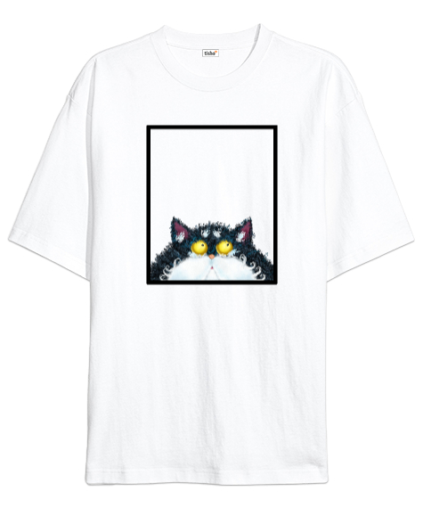 Tisho - Pencereden Bakan Kedi Beyaz Oversize Unisex Tişört