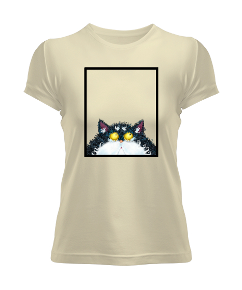 Tisho - Pencereden Bakan Kedi Krem Kadın Tişört