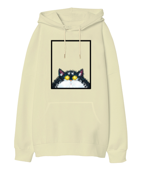 Tisho - Pencereden Bakan Kedi Krem Oversize Unisex Kapüşonlu Sweatshirt