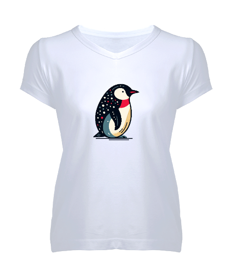 Tisho - penguen Beyaz Kadın V Yaka Tişört