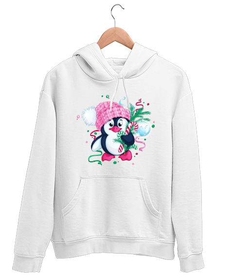 Tisho - Penguen Beyaz Unisex Kapşonlu Sweatshirt