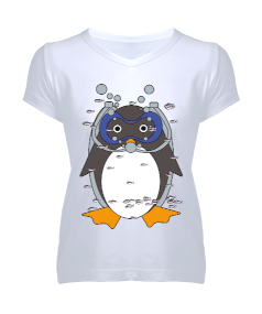 penguen dalış tasarımlı Kadın V Yaka Tişört - Tisho