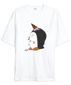 Penguen deseni baskılı tişört Oversize Unisex Tişört - Tisho