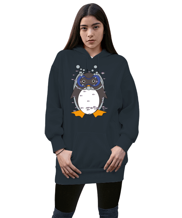 Tisho - Penguen Kadın Uzun Hoodie Kapüşonlu Sweatshirt