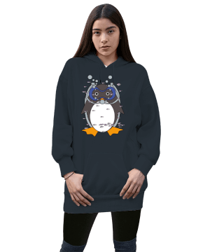 Penguen Kadın Uzun Hoodie Kapüşonlu Sweatshirt - Tisho