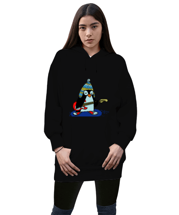 Tisho - Penguen Kadın Uzun Hoodie Kapüşonlu Sweatshirt