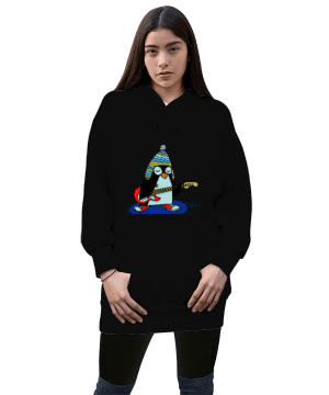 Penguen Kadın Uzun Hoodie Kapüşonlu Sweatshirt - Tisho
