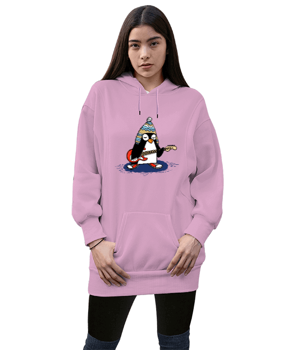 Tisho - Penguen Kadın Uzun Hoodie Kapüşonlu Sweatshirt