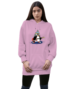Penguen Kadın Uzun Hoodie Kapüşonlu Sweatshirt - Tisho