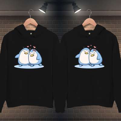 Penguen Kapüşonlu Sevgili Çift Kombini Kapüşonlu Sweatshirt 2'li Set Siyah - Thumbnail