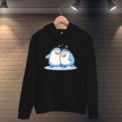 Penguen Kapüşonlu Sevgili Çift Kombini Kapüşonlu Sweatshirt 2'li Set Siyah - Thumbnail