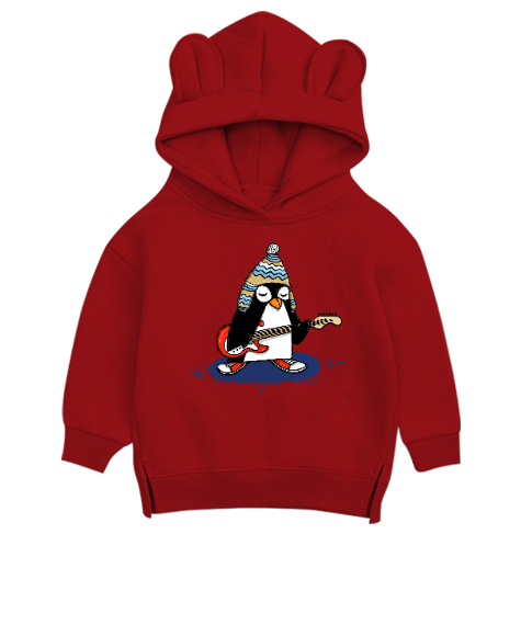 Tisho - Penguen Kırmızı Unisex Çocuk Ayı Hoodie Kapşonlu