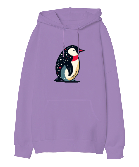 Tisho - penguen Lila Oversize Unisex Kapüşonlu Sweatshirt