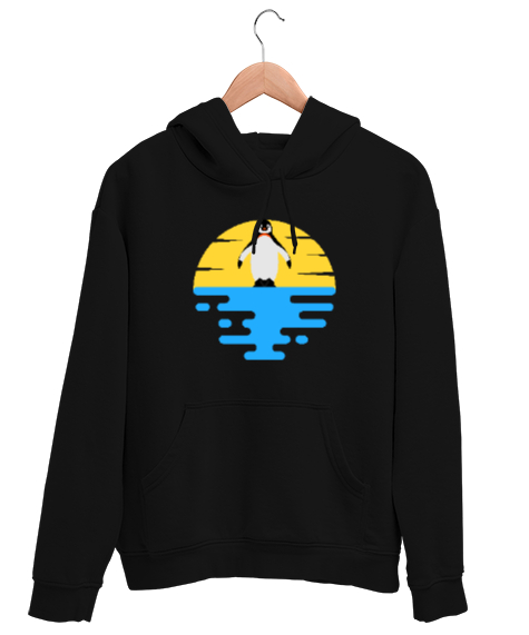 Penguen - Pinguin - Güneş ve Deniz Siyah Unisex Kapşonlu Sweatshirt - Tisho
