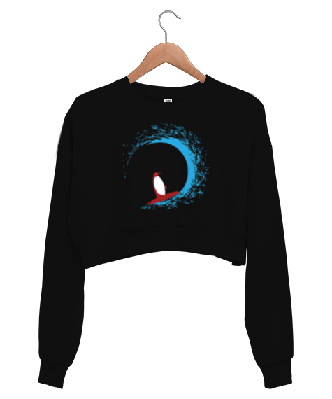 Tisho - Penguen Siyah Kadın Crop Sweatshirt