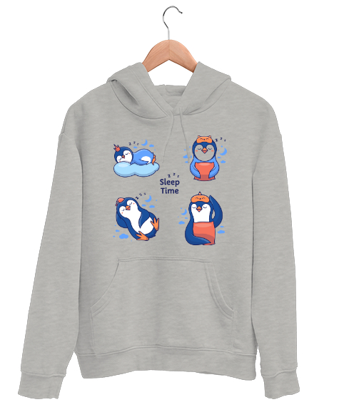 Tisho - Penguen Sleep Time Gri Unisex Kapşonlu Sweatshirt