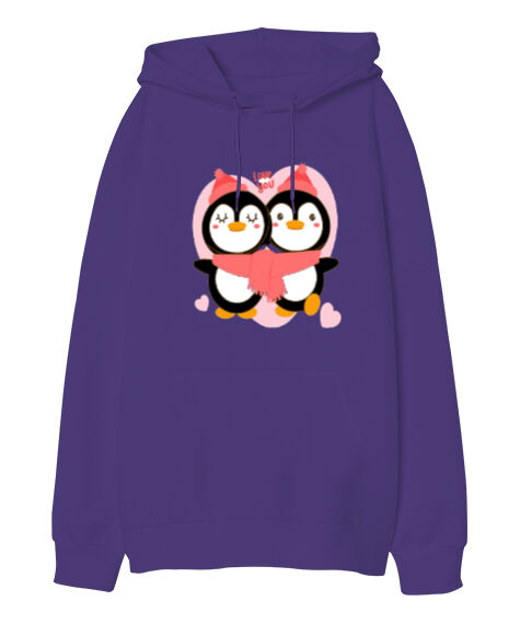 Tisho - penguenler Mor Oversize Unisex Kapüşonlu Sweatshirt