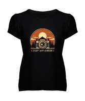 Peynir De - Fotoğraf Makinesi - Say Cheese - Camera Siyah Kadın V Yaka Tişört - Tisho