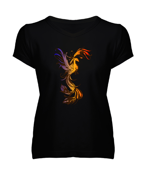Tisho - Phoenix - Ateş Kuşu Siyah Kadın V Yaka Tişört