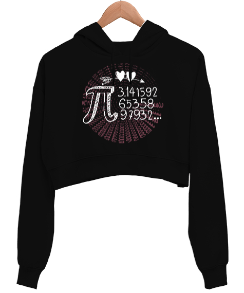 Tisho - Pi Sayısı Günü Kalpli Siyah Kadın Crop Hoodie Kapüşonlu Sweatshirt