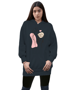 Tisho - Pink Kadın Uzun Hoodie Kapüşonlu Sweatshirt