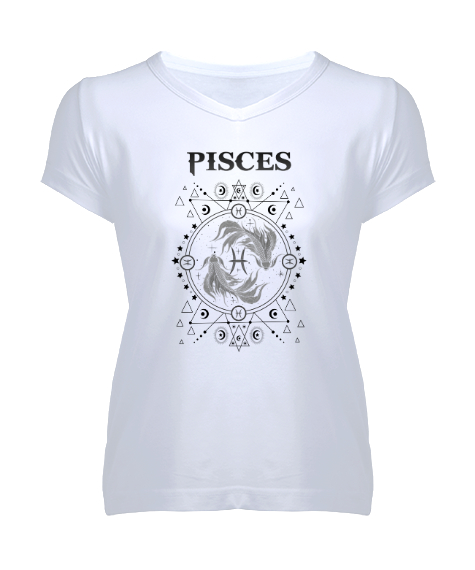 Tisho - Pisces- Mistik Balık Burcu Beyaz Kadın V Yaka Tişört