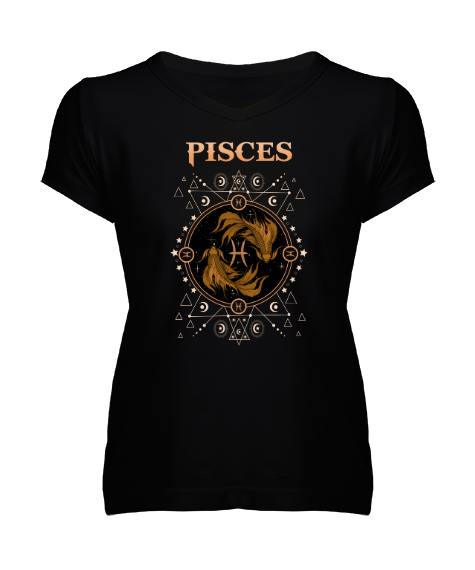 Tisho - Pisces- Mistik Balık Burcu Siyah Kadın V Yaka Tişört