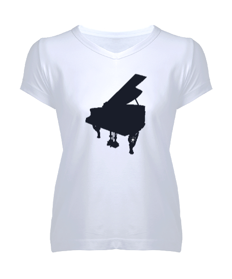 Tisho - Piyano Beyaz Kadın V Yaka Tişört