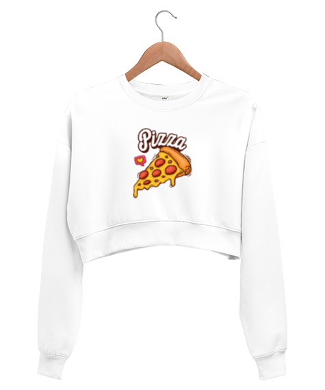 Tisho - Pizza baskılı Beyaz Kadın Crop Sweatshirt