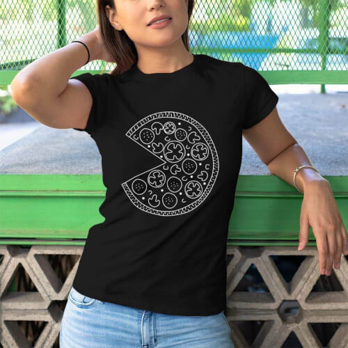 Pizza Baskılı Kadın Kısa Kol Tişört - Tekli Kombin - Thumbnail