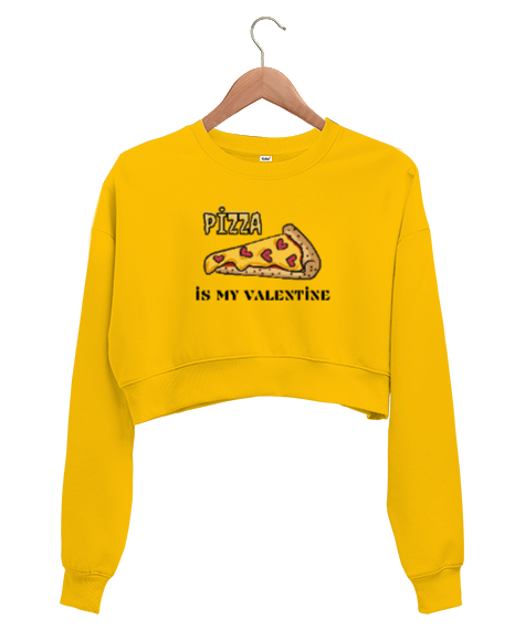 Tisho - Pizza is my valentine Sarı Kadın Crop Sweatshirt