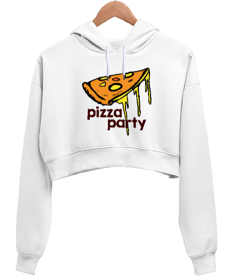 Tisho - Pizza Party - Pizza Dilimi Beyaz Kadın Crop Hoodie Kapüşonlu Sweatshirt