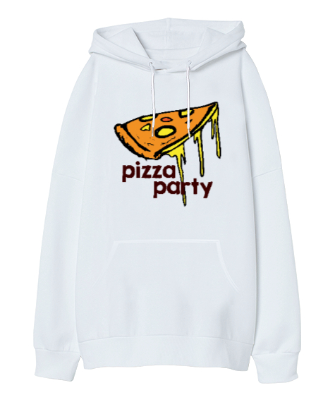 Tisho - Pizza Party - Pizza Dilimi Beyaz Oversize Unisex Kapüşonlu Sweatshirt