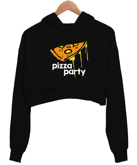 Tisho - Pizza Party - Pizza Dilimi Siyah Kadın Crop Hoodie Kapüşonlu Sweatshirt