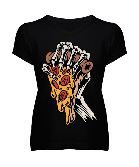 Tisho - Pizza ve iskelet el. Siyah Kadın V Yaka Tişört